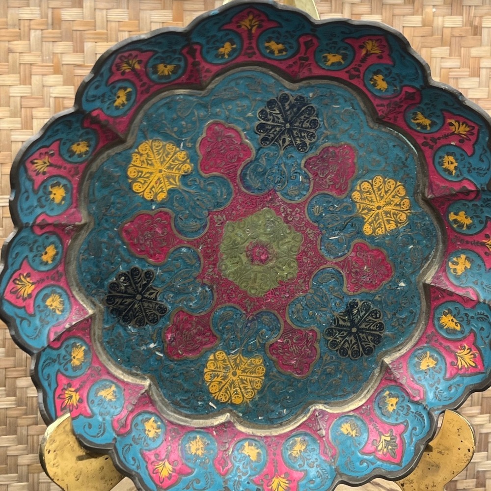 Vintage Enamel Brass Shallow dish Hand Painted scalloped  edges